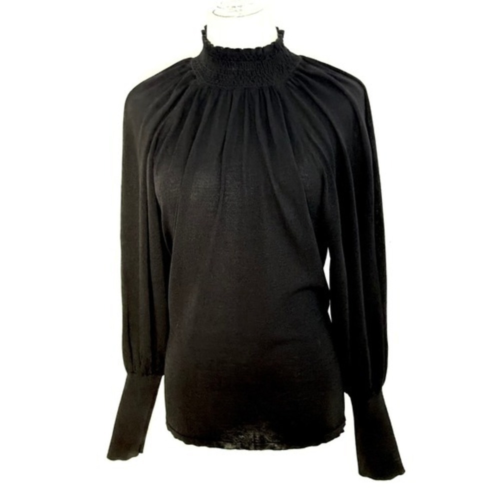 DO+BE Smocked Mock Neck Bishop Sleeve Blouse M Black Romantic Gothic